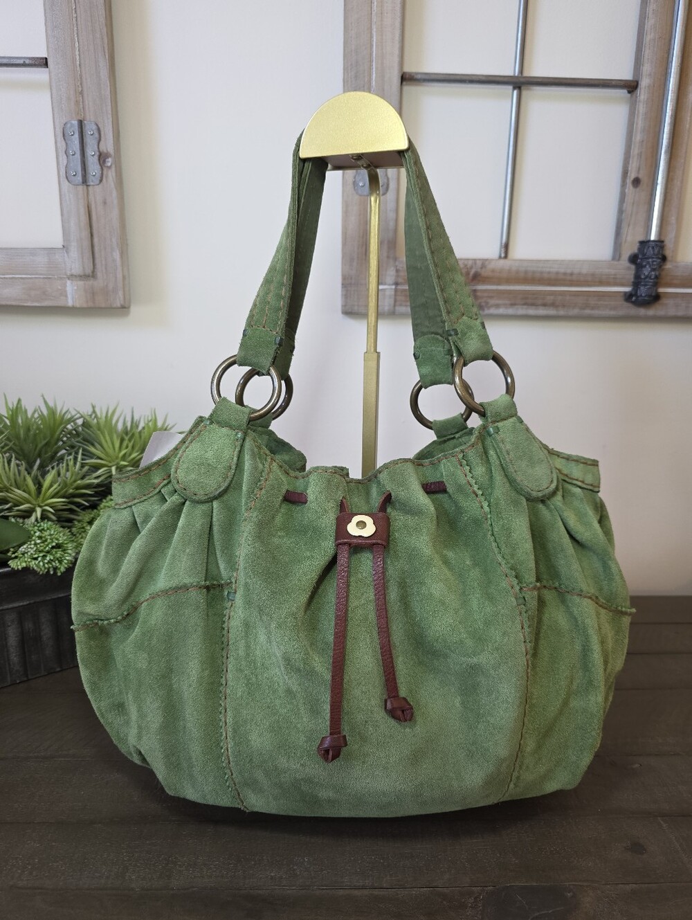 Vintage Lucky Brand Olive Green Suede Hobo Bag Floral Lining - Picture 8 of 14